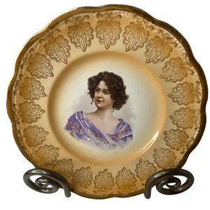 Antique TS&T Portrait Plate Lady Purple‎ Dress Gold Signed Vettori USA 9"